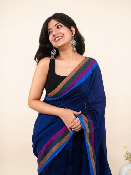 Ready to Style Blue Linen Cotton Digital Print Saree with Blouse Printed Cotton Sarees Wholesale