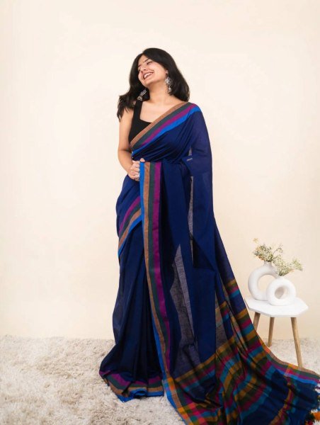 Ready to Style Blue Linen Cotton Digital Print Saree with Blouse Printed Cotton Sarees Wholesale