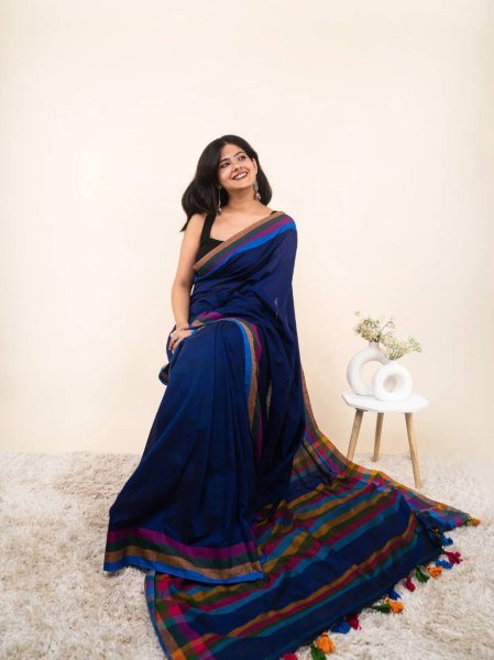Ready to Style Blue Linen Cotton Digital Print Saree with Blouse Printed Cotton Sarees Wholesale