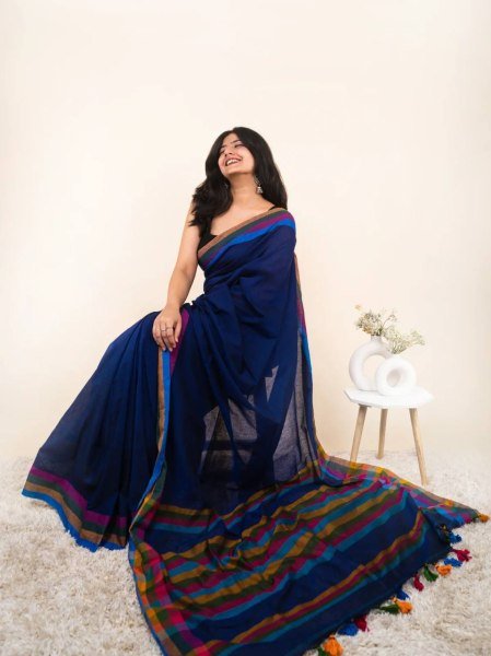 Ready to Style Blue Linen Cotton Digital Print Saree with Blouse Printed Cotton Sarees Wholesale