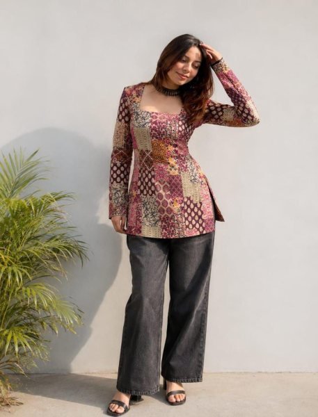 Ready to Style Purple Cotton Digital Print Top at Wholesale Rate Tunics kurti