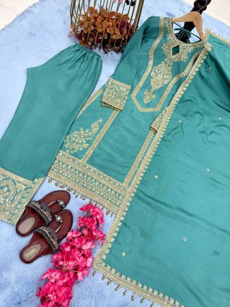 Ready To Ware Pure Chinnon Silk With Heavy Embroidery Work Stitched Suit Ready To Wear Collection