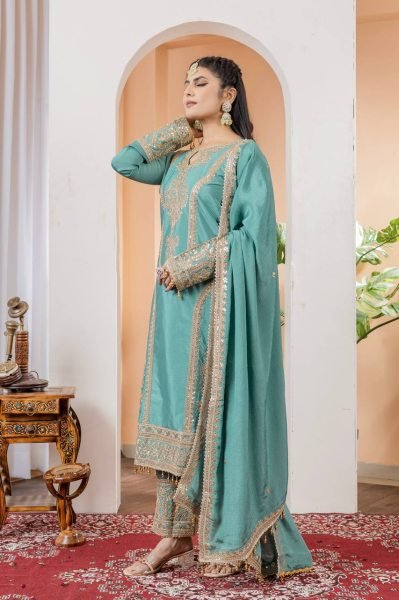 Ready To Ware Pure Chinnon Silk With Heavy Embroidery Work Stitched Suit Ready To Wear Collection