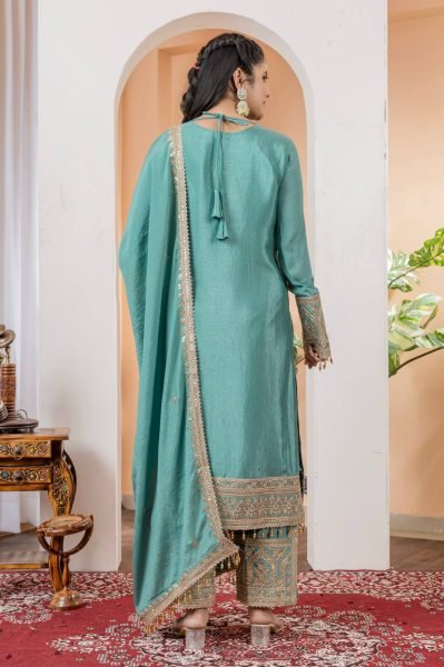 Ready To Ware Pure Chinnon Silk With Heavy Embroidery Work Stitched Suit Ready To Wear Collection