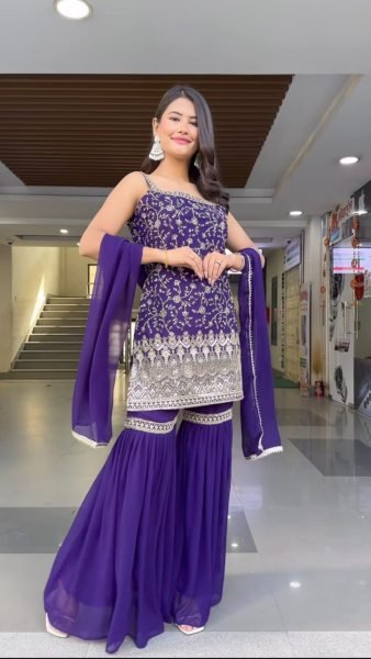 Ready to Wear 3 Piece Sharara Suit Set for Women Heavy Embroidered Fox Georgette Top Sharara & Dupatta Latest Designer Party Wear at Wholesale Price Ready To Wear Collection