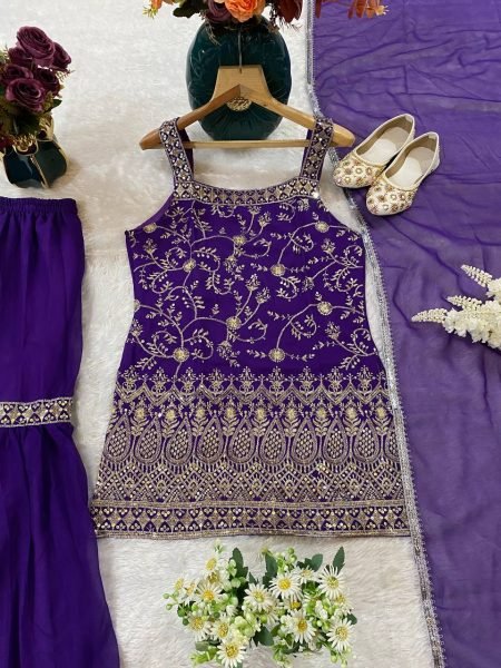 Ready to Wear 3 Piece Sharara Suit Set for Women Heavy Embroidered Fox Georgette Top Sharara & Dupatta Latest Designer Party Wear at Wholesale Price Ready To Wear Collection