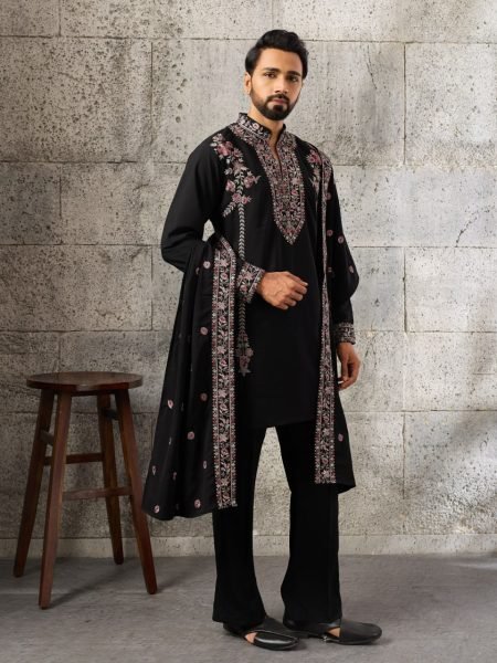 Ready to Wear Black Men's Japanese Kurta Set with Matching Pant And Dupatta Mens Short Kurta
