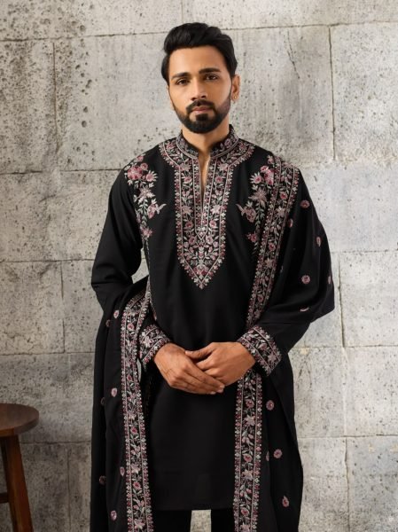 Ready to Wear Black Men's Japanese Kurta Set with Matching Pant And Dupatta Mens Short Kurta