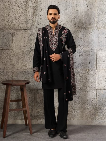 Ready to Wear Black Men's Japanese Kurta Set with Matching Pant And Dupatta Mens Short Kurta