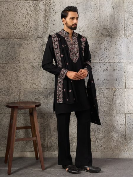 Ready to Wear Black Men's Japanese Kurta Set with Matching Pant And Dupatta Mens Short Kurta