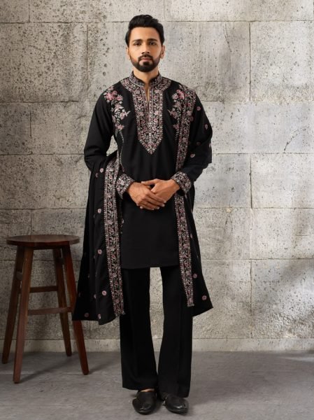 Ready to Wear Black Men's Japanese Kurta Set with Matching Pant And Dupatta Mens Short Kurta