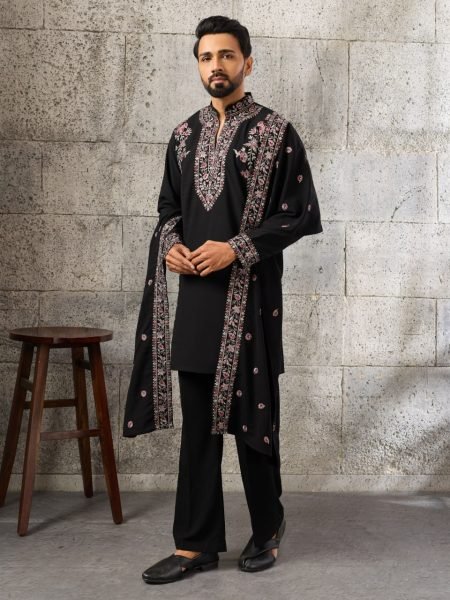 Ready to Wear Black Men's Japanese Kurta Set with Matching Pant And Dupatta Mens Short Kurta