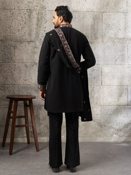 Ready to Wear Black Men's Japanese Kurta Set with Matching Pant And Dupatta Mens Short Kurta