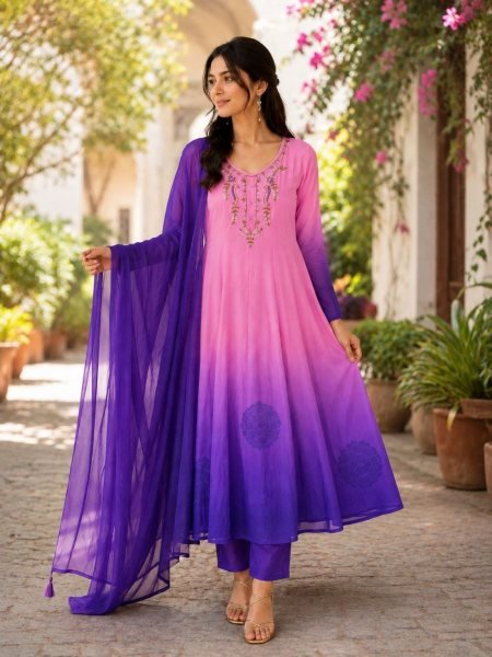 Ready-to-Wear Blue Chiffon handwork Anarkali Suit Set for festive celebration Kurtis