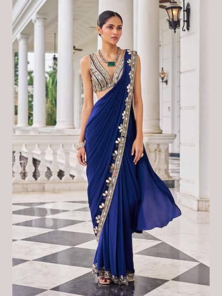 Ready To Wear Blue Mirror Work Saree in Faux Georgette for Party Wear Sarees 