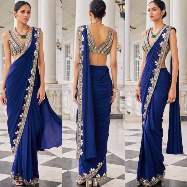 Ready To Wear Blue Mirror Work Saree in Faux Georgette for Party Wear Bollywood Fancy Sarees Wholesale