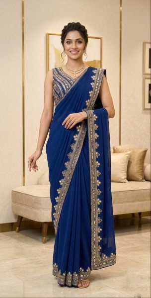 Ready To Wear Blue Mirror Work Saree in Faux Georgette for Party Wear Bollywood Fancy Sarees Wholesale