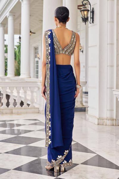Ready To Wear Blue Mirror Work Saree in Faux Georgette for Party Wear Bollywood Fancy Sarees Wholesale