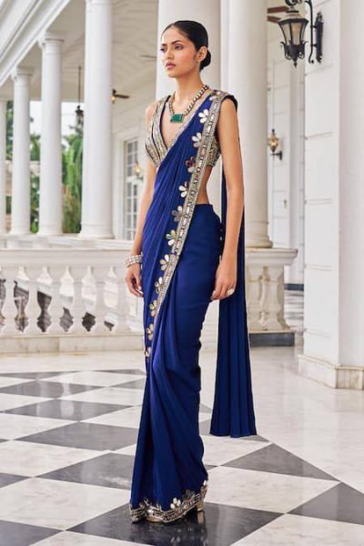 Ready To Wear Blue Mirror Work Saree in Faux Georgette for Party Wear Bollywood Fancy Sarees Wholesale