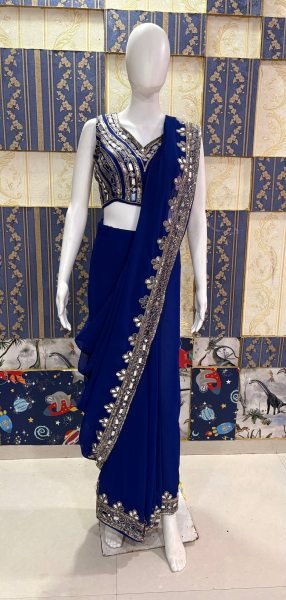 Ready To Wear Blue Mirror Work Saree in Faux Georgette for Party Wear Bollywood Fancy Sarees Wholesale
