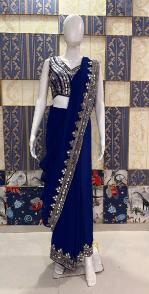Ready To Wear Blue Mirror Work Saree in Faux Georgette for Party Wear Bollywood Fancy Sarees Wholesale