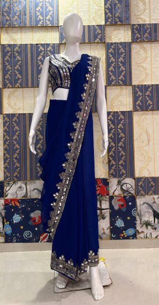Ready To Wear Blue Mirror Work Saree in Faux Georgette for Party Wear Bollywood Fancy Sarees Wholesale