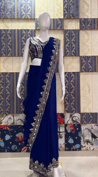 Ready To Wear Blue Mirror Work Saree in Faux Georgette for Party Wear Bollywood Fancy Sarees Wholesale