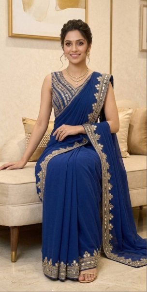 Ready To Wear Blue Mirror Work Saree in Faux Georgette for Party Wear Bollywood Fancy Sarees Wholesale