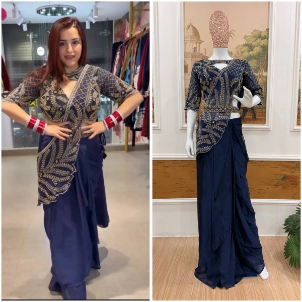 Ready to Wear Blue Rangoli Silk Saree with Beads Embroidery and Designer Blouse Ready To Wear Saree 