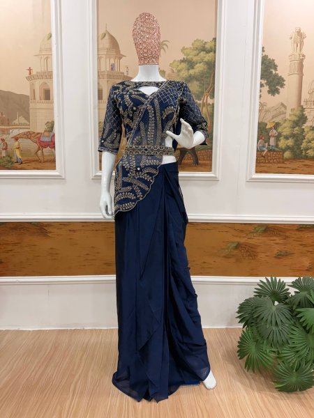 Ready to Wear Blue Rangoli Silk Saree with Beads Embroidery and Designer Blouse Ready To Wear Saree 