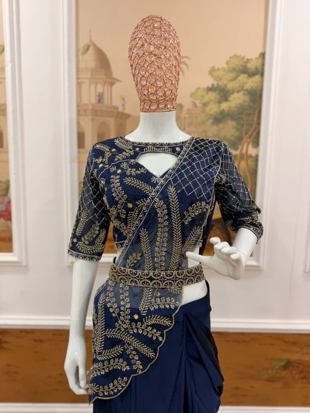 Ready to Wear Blue Rangoli Silk Saree with Beads Embroidery and Designer Blouse Ready To Wear Saree 