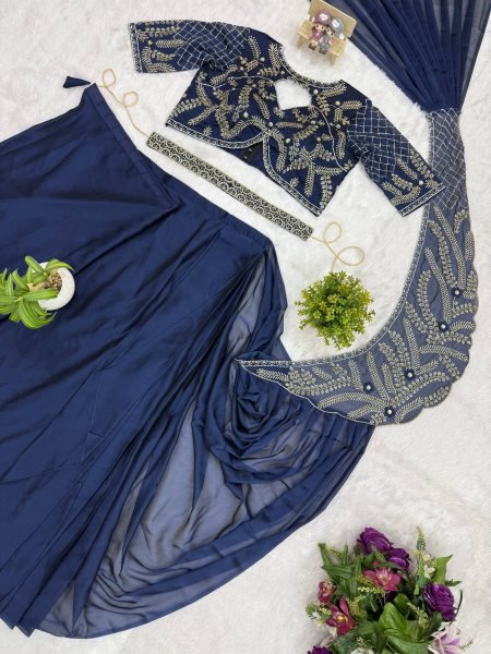 Ready to Wear Blue Rangoli Silk Saree with Beads Embroidery and Designer Blouse Ready To Wear Saree 