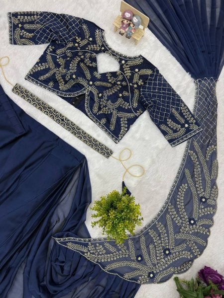 Ready to Wear Blue Rangoli Silk Saree with Beads Embroidery and Designer Blouse Ready To Wear Saree 