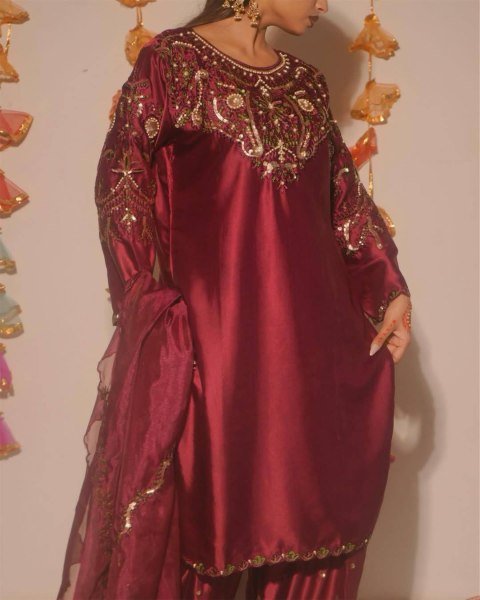 Ready to Wear Burgundy Crepe Silk Salwar Kameez Set For Special Occasions  Ready To Wear Collection