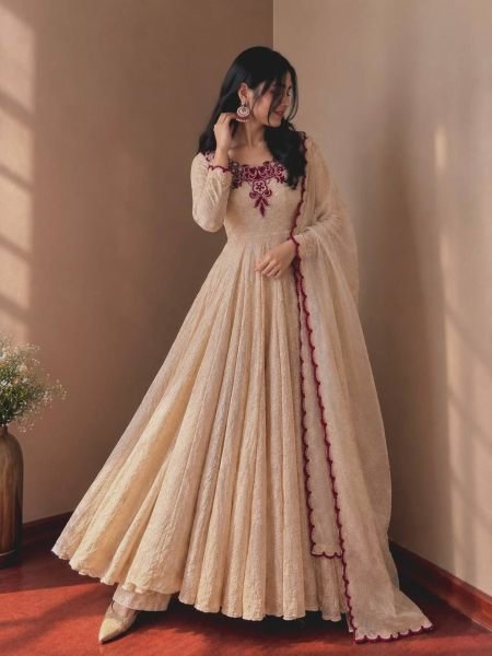 Ready to Wear Cream Maroon Doremon Crush Gown with Pant and Butterfly Net Dupatta 