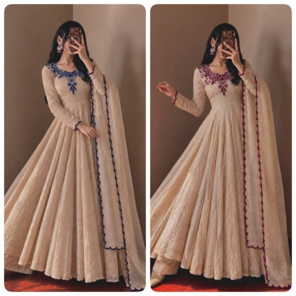Ready to Wear Cream Maroon Doremon Crush Gown with Pant and Butterfly Net Dupatta Ready To Wear Collection