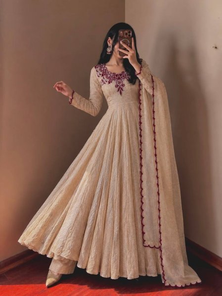Ready to Wear Cream Maroon Doremon Crush Gown with Pant and Butterfly Net Dupatta Ready To Wear Collection