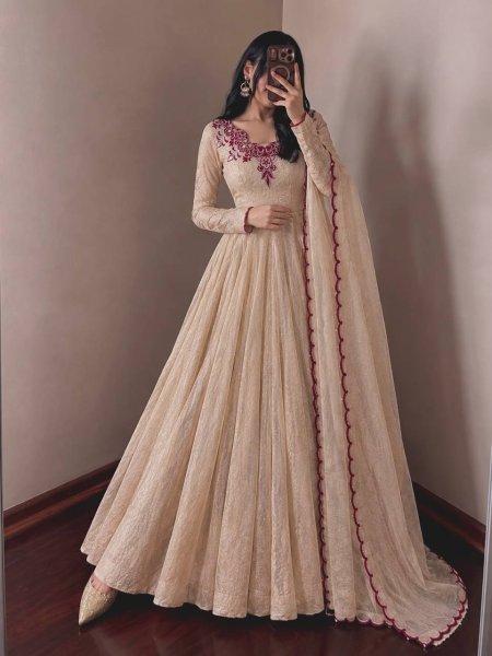 Ready to Wear Cream Maroon Doremon Crush Gown with Pant and Butterfly Net Dupatta Ready To Wear Collection