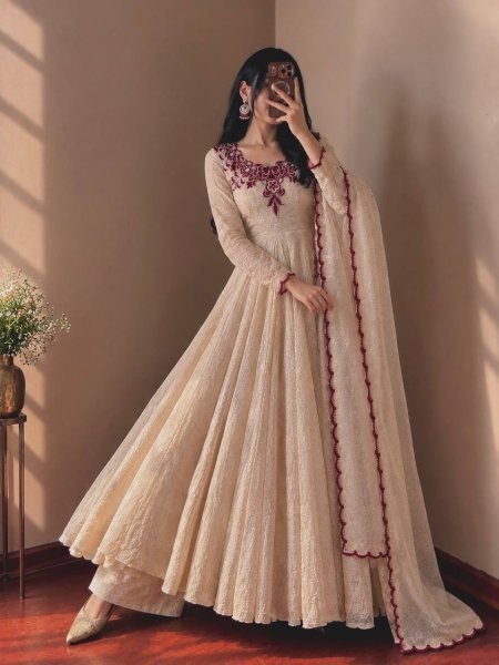 Ready to Wear Cream Maroon Doremon Crush Gown with Pant and Butterfly Net Dupatta Ready To Wear Collection
