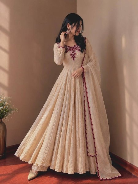 Ready to Wear Cream Maroon Doremon Crush Gown with Pant and Butterfly Net Dupatta Ready To Wear Collection