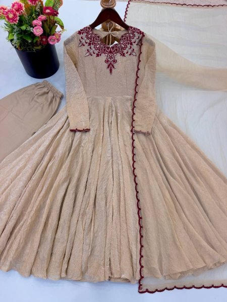 Ready to Wear Cream Maroon Doremon Crush Gown with Pant and Butterfly Net Dupatta Ready To Wear Collection