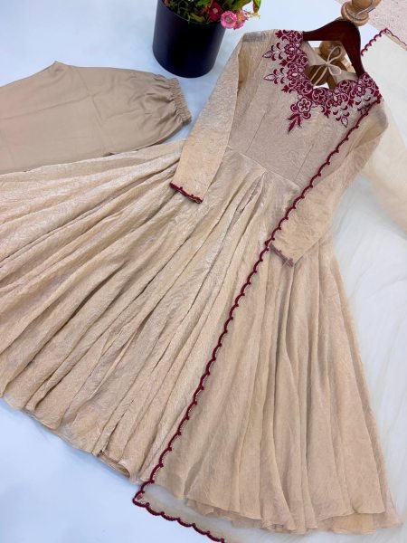 Ready to Wear Cream Maroon Doremon Crush Gown with Pant and Butterfly Net Dupatta Ready To Wear Collection