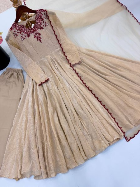 Ready to Wear Cream Maroon Doremon Crush Gown with Pant and Butterfly Net Dupatta Ready To Wear Collection
