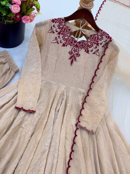 Ready to Wear Cream Maroon Doremon Crush Gown with Pant and Butterfly Net Dupatta Ready To Wear Collection