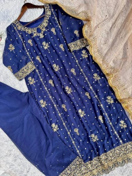 Ready to Wear Embroidered Fox Georgette Suit Set Heavy Lace Dupatta Back Embroidery Moti Detailing at Best Price  Straight Cut Long Kurtis