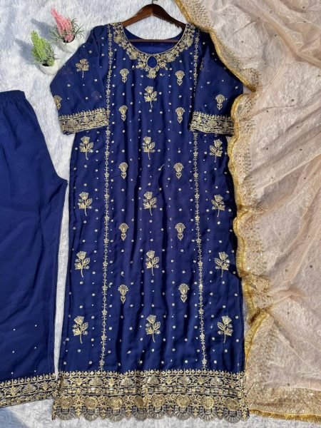 Ready to Wear Embroidered Fox Georgette Suit Set Heavy Lace Dupatta Back Embroidery Moti Detailing at Best Price  Straight Cut Long Kurtis