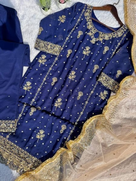 Ready to Wear Embroidered Fox Georgette Suit Set Heavy Lace Dupatta Back Embroidery Moti Detailing at Best Price  Straight Cut Long Kurtis