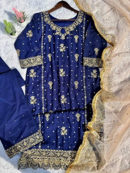 Ready to Wear Embroidered Fox Georgette Suit Set Heavy Lace Dupatta Back Embroidery Moti Detailing at Best Price  Straight Cut Long Kurtis