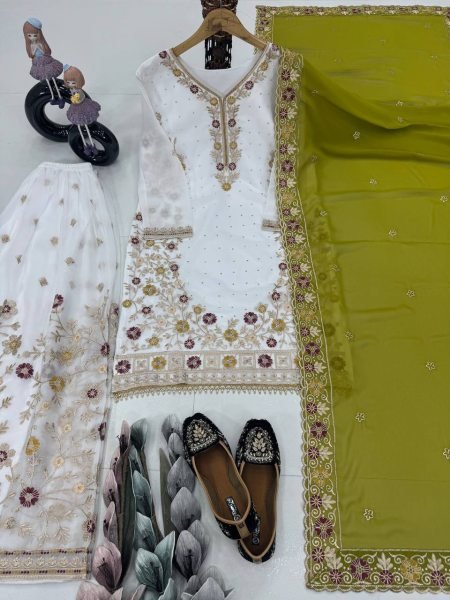 Ready to Wear Faux Georgette Party Suit Set Kurti, Palazzo & Dupatta Combo Ready To Wear Collection