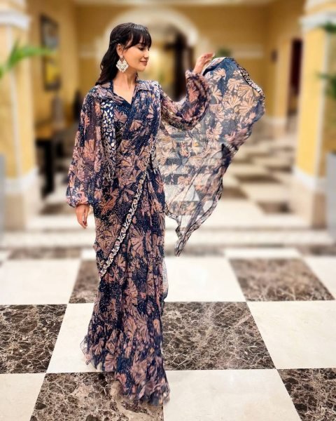 Trendy Draped Georgette Saree with Embroidered Mirror Jacket Party Ready Style Ready To Wear Saree 